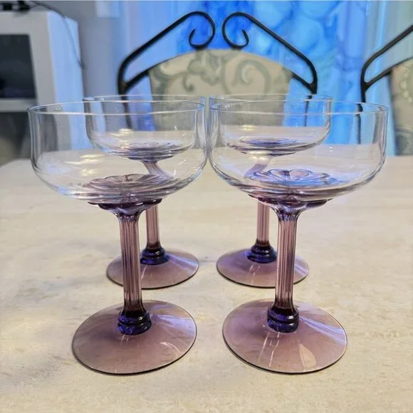 Set Of 4 Vtg. Fostoria Corsage Plum Purple Flower Stem Crystal Champagne Glasses